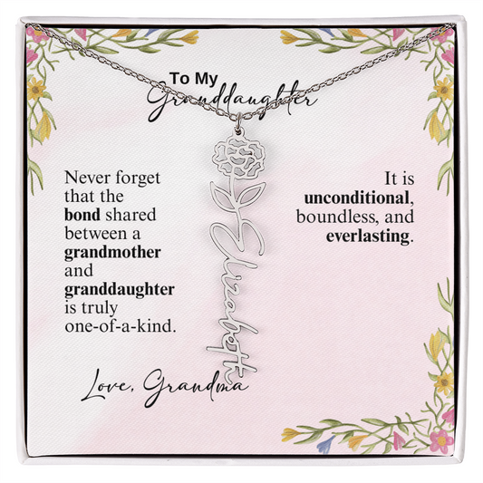 Personalized Birth Flower Vertical Name Necklace- A Beloved Gift for a Granddaughter from a Grandmother.