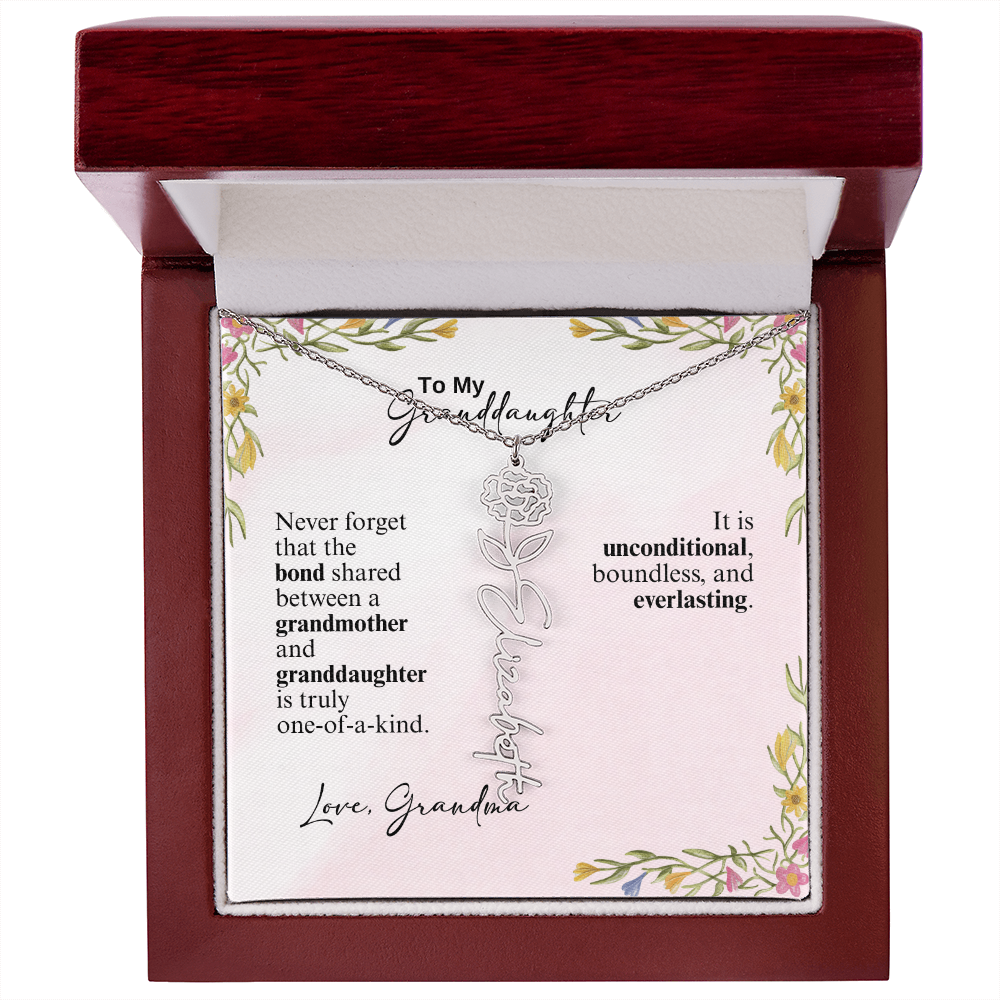 Personalized Birth Flower Vertical Name Necklace- A Beloved Gift for a Granddaughter from a Grandmother.