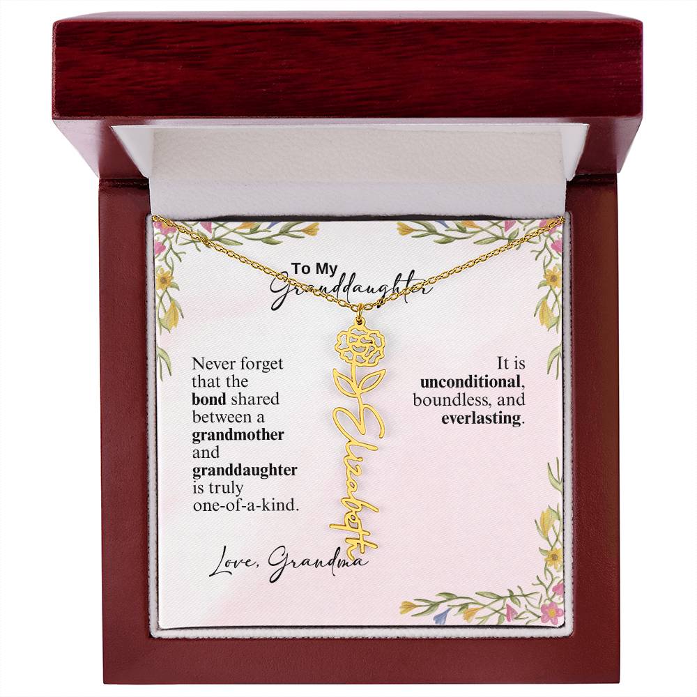 Personalized Birth Flower Vertical Name Necklace- A Beloved Gift for a Granddaughter from a Grandmother.