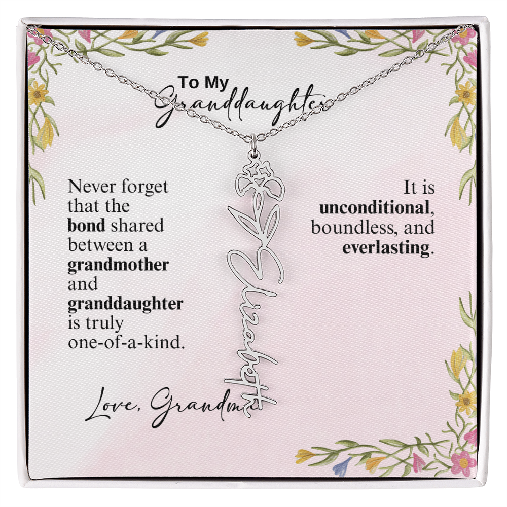 Personalized Birth Flower Vertical Name Necklace- A Beloved Gift for a Granddaughter from a Grandmother.