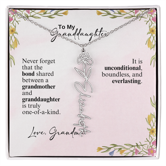 Personalized Birth Flower Vertical Name Necklace- A Beloved Gift for a Granddaughter from a Grandmother.
