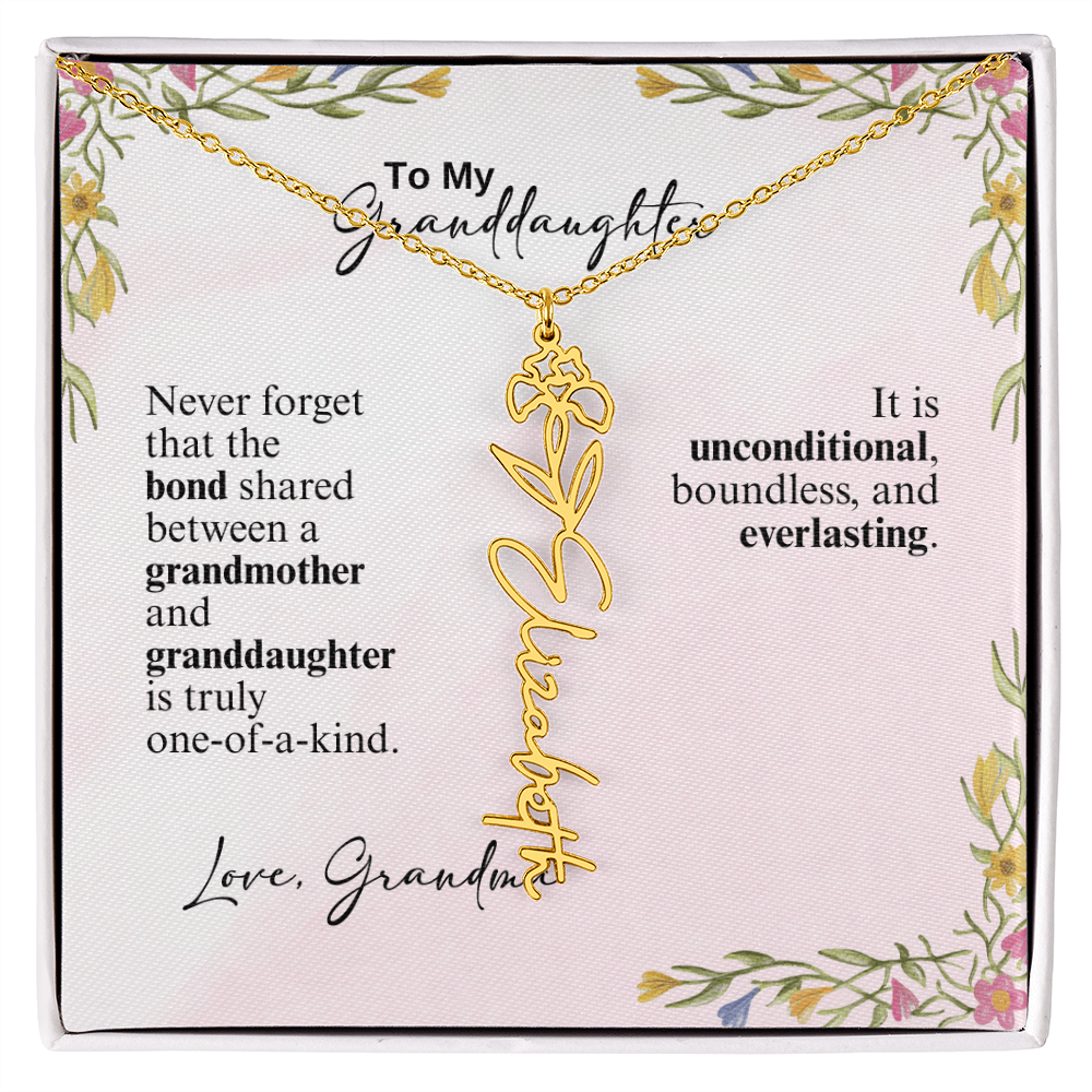 Personalized Birth Flower Vertical Name Necklace- A Beloved Gift for a Granddaughter from a Grandmother.