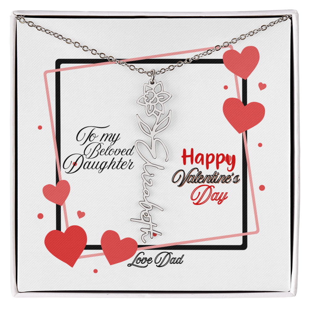 Happy Valentine's Day Custom Birth Flower Name Necklace- a Gift for your Daughter.