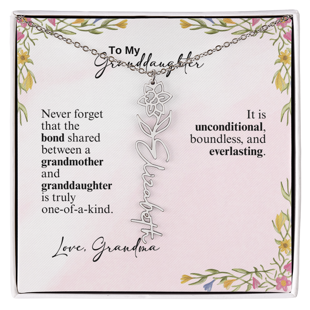 Personalized Birth Flower Vertical Name Necklace- A Beloved Gift for a Granddaughter from a Grandmother.