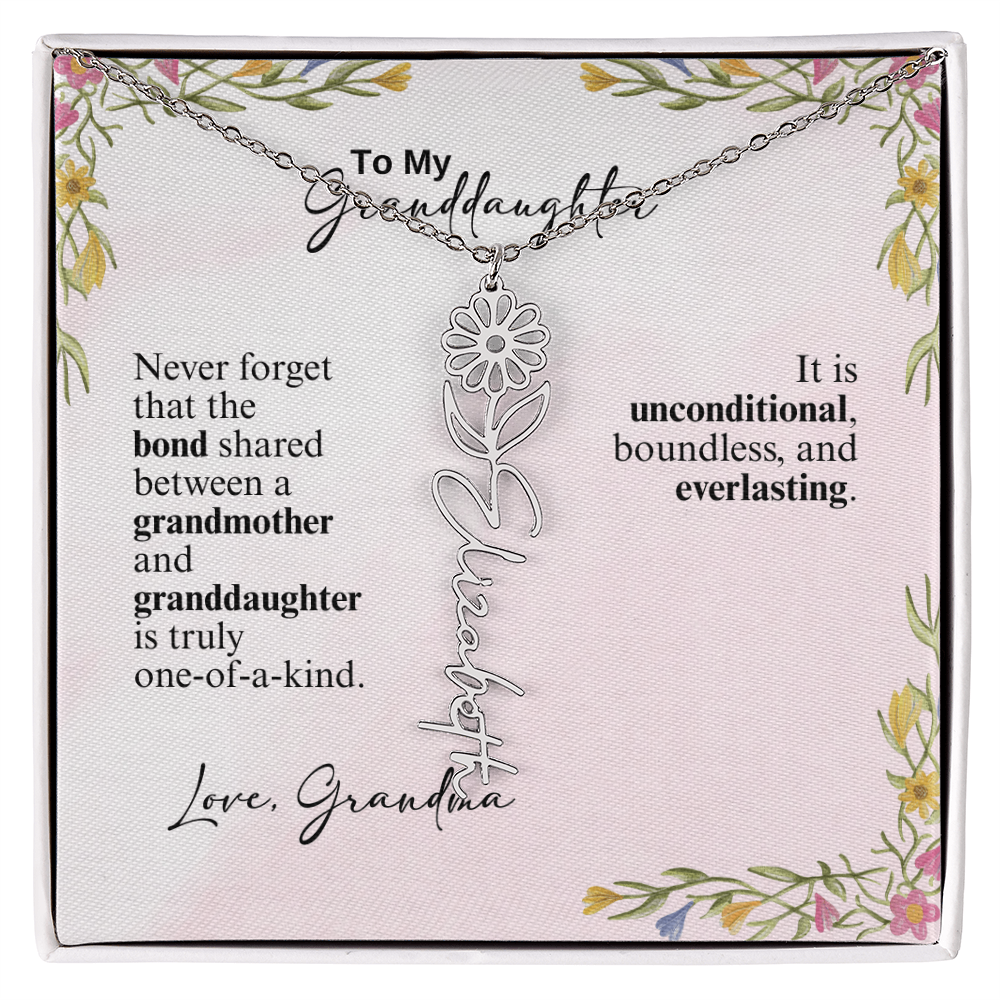 Personalized Birth Flower Vertical Name Necklace- A Beloved Gift for a Granddaughter from a Grandmother.
