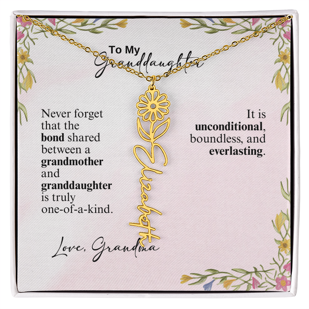 Personalized Birth Flower Vertical Name Necklace- A Beloved Gift for a Granddaughter from a Grandmother.
