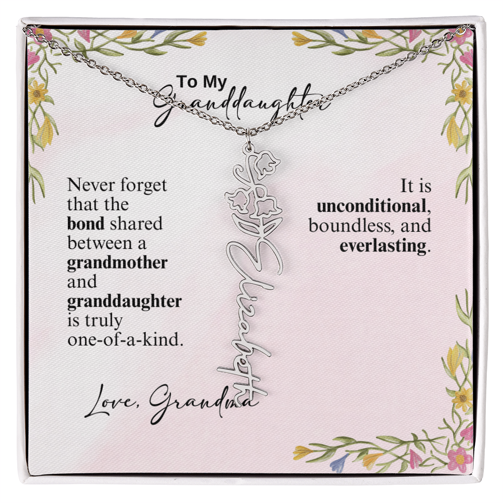 Personalized Birth Flower Vertical Name Necklace- A Beloved Gift for a Granddaughter from a Grandmother.