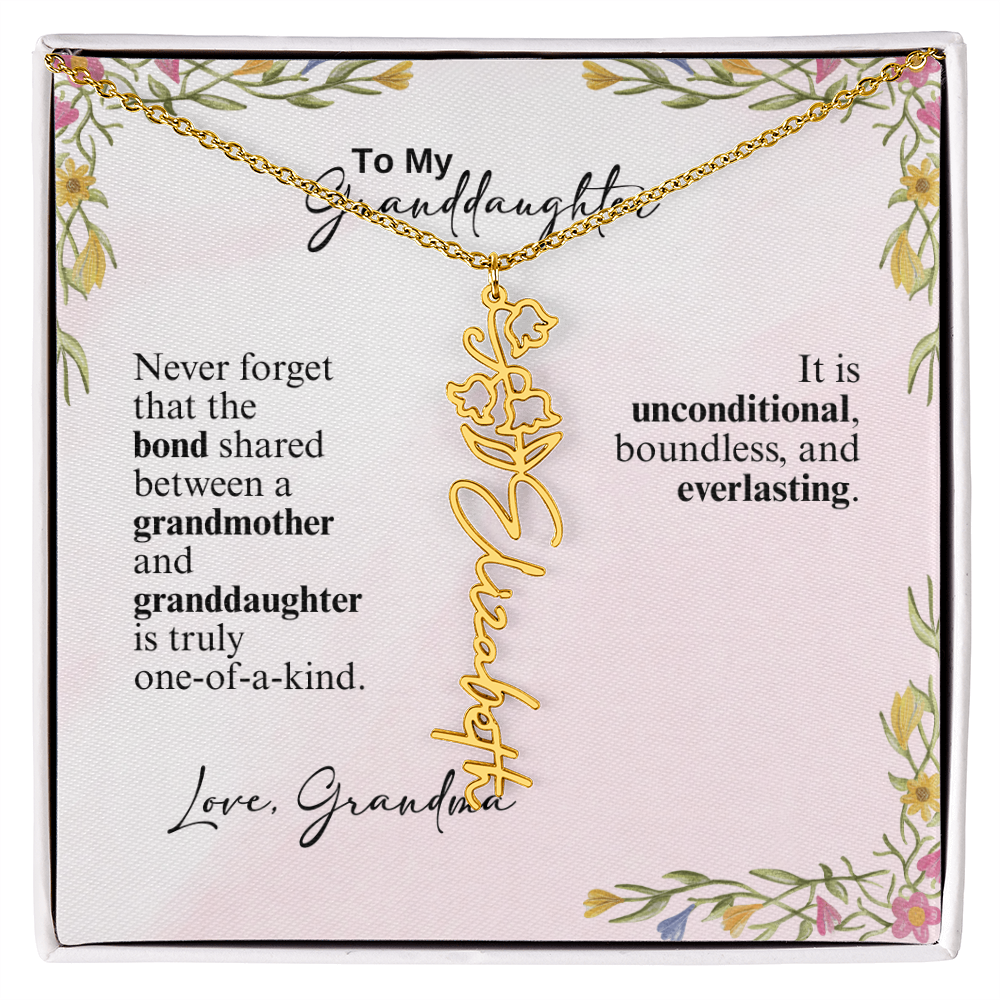 Personalized Birth Flower Vertical Name Necklace- A Beloved Gift for a Granddaughter from a Grandmother.