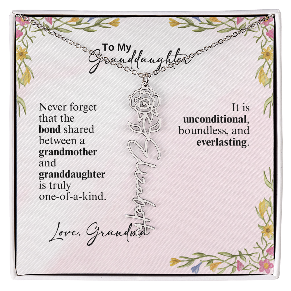 Personalized Birth Flower Vertical Name Necklace- A Beloved Gift for a Granddaughter from a Grandmother.
