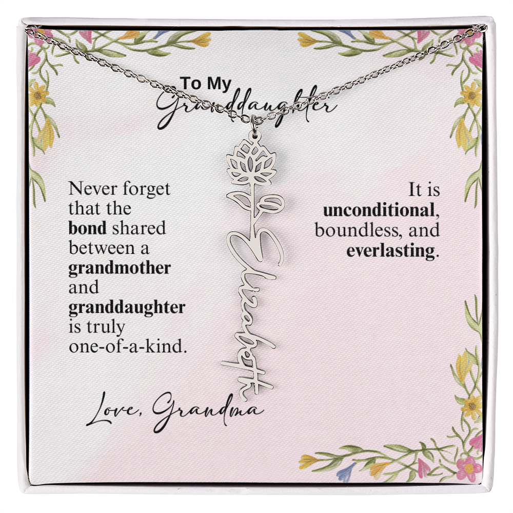Personalized Birth Flower Vertical Name Necklace- A Beloved Gift for a Granddaughter from a Grandmother.