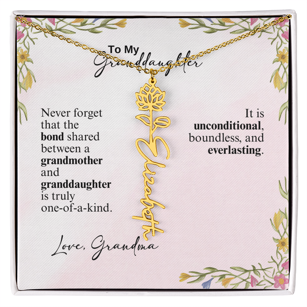 Personalized Birth Flower Vertical Name Necklace- A Beloved Gift for a Granddaughter from a Grandmother.
