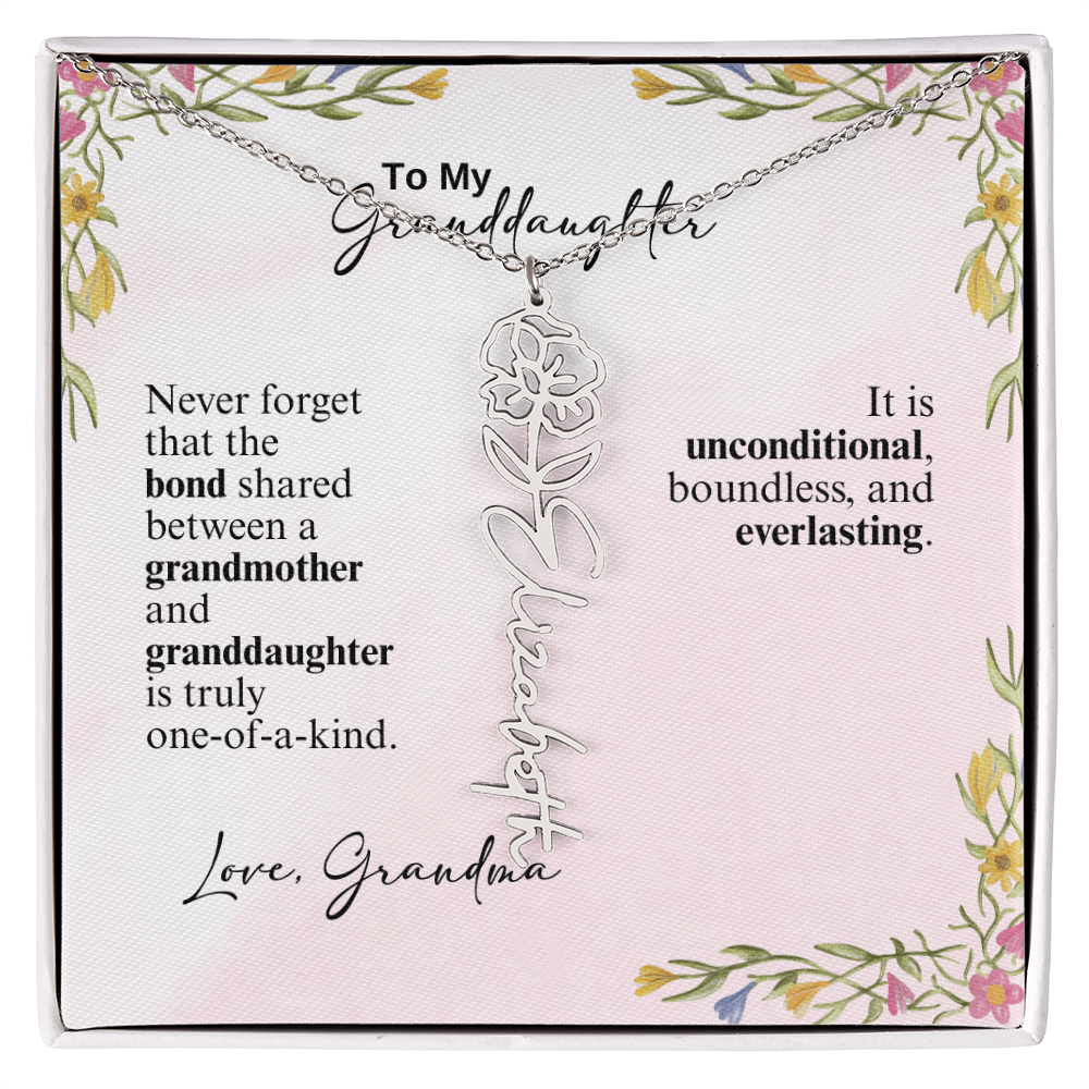 Personalized Birth Flower Vertical Name Necklace- A Beloved Gift for a Granddaughter from a Grandmother.