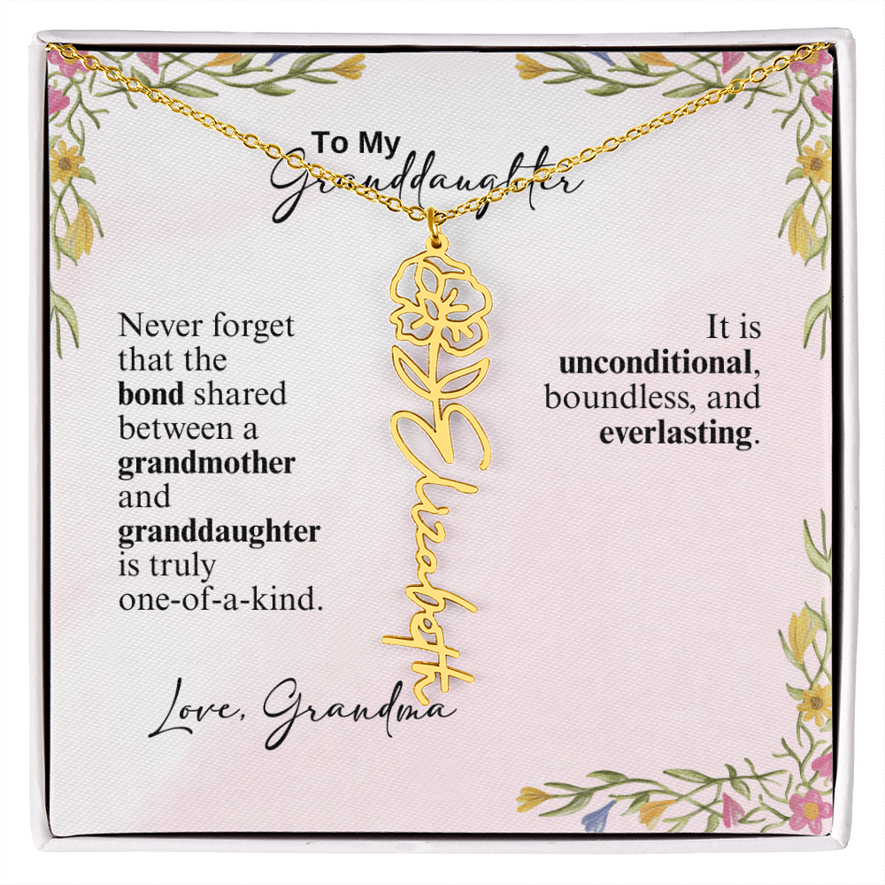 Personalized Birth Flower Vertical Name Necklace- A Beloved Gift for a Granddaughter from a Grandmother.