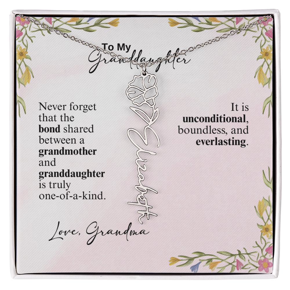 Personalized Birth Flower Vertical Name Necklace- A Beloved Gift for a Granddaughter from a Grandmother.