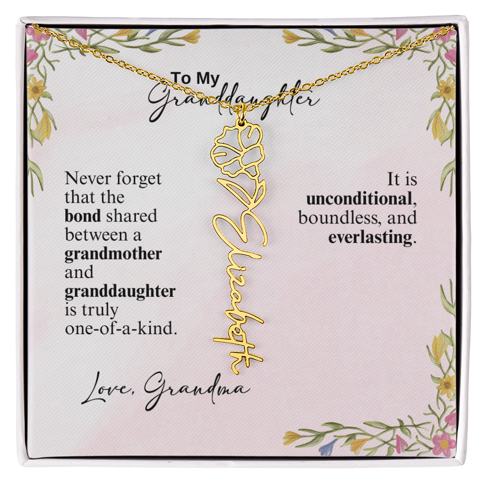 Personalized Birth Flower Vertical Name Necklace- A Beloved Gift for a Granddaughter from a Grandmother.