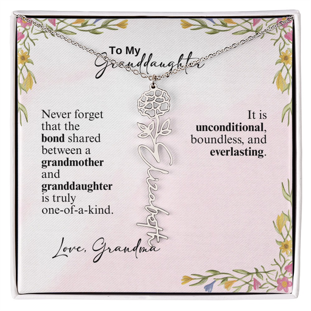 Personalized Birth Flower Vertical Name Necklace- A Beloved Gift for a Granddaughter from a Grandmother.