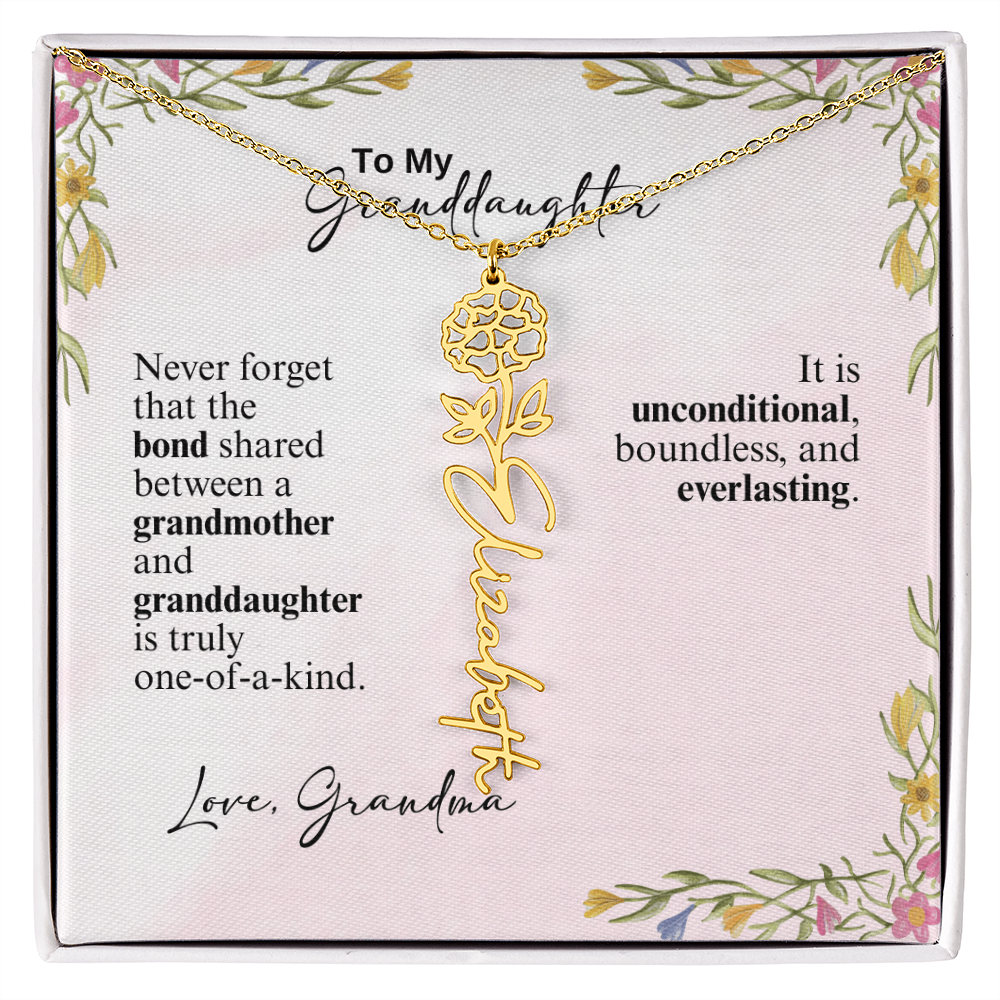 Personalized Birth Flower Vertical Name Necklace- A Beloved Gift for a Granddaughter from a Grandmother.