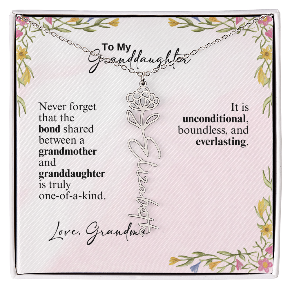 Personalized Birth Flower Vertical Name Necklace- A Beloved Gift for a Granddaughter from a Grandmother.