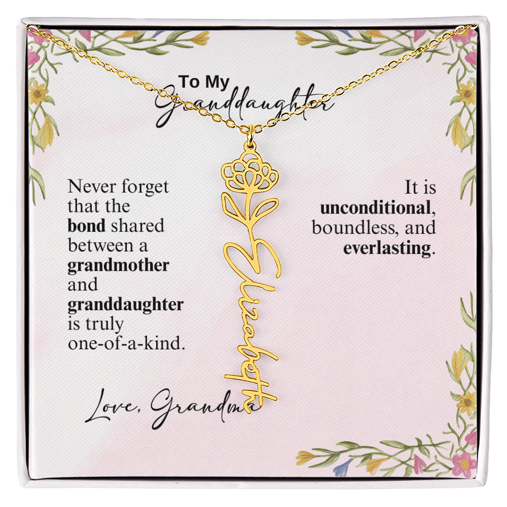 Personalized Birth Flower Vertical Name Necklace- A Beloved Gift for a Granddaughter from a Grandmother.