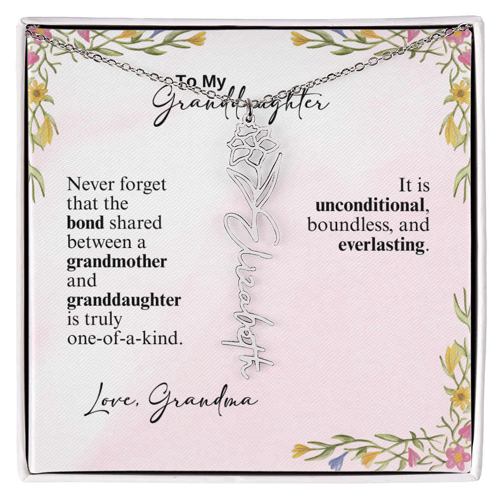 Personalized Birth Flower Vertical Name Necklace- A Beloved Gift for a Granddaughter from a Grandmother.