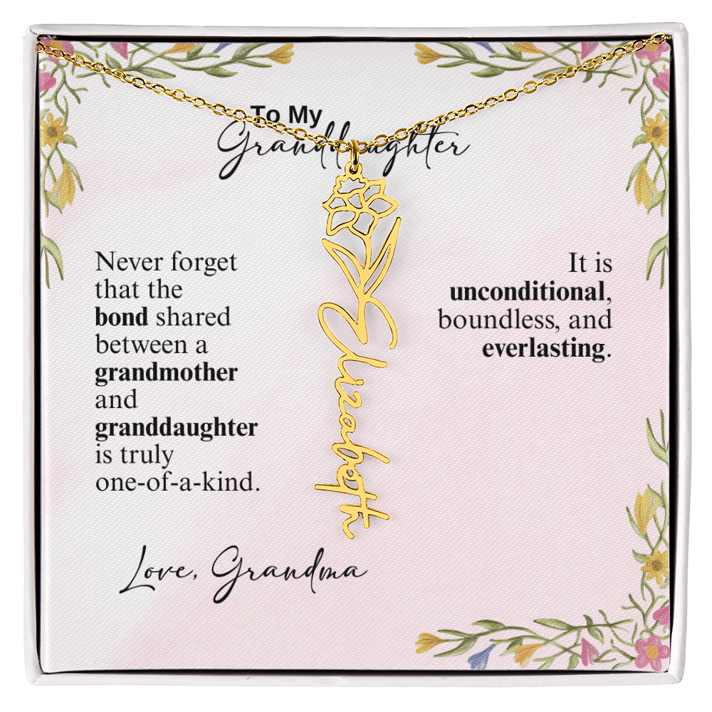 Personalized Birth Flower Vertical Name Necklace- A Beloved Gift for a Granddaughter from a Grandmother.