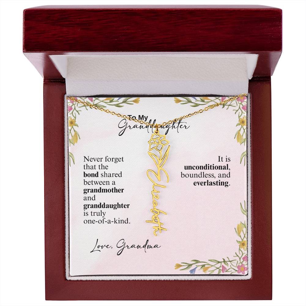 Personalized Birth Flower Vertical Name Necklace- A Beloved Gift for a Granddaughter from a Grandmother.