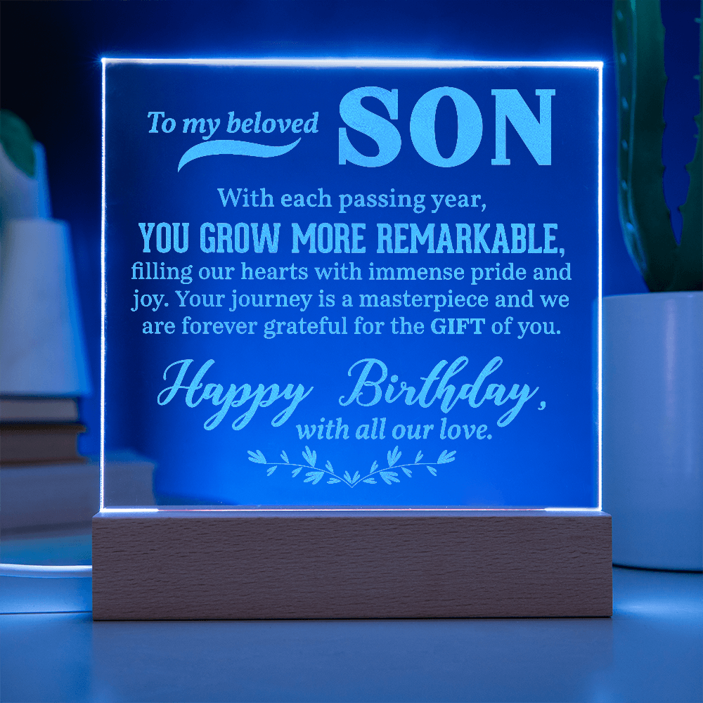 To a Beloved Son Happy Birthday Engraved Acrylic Square Plaque- a Gift for a Beloved Son