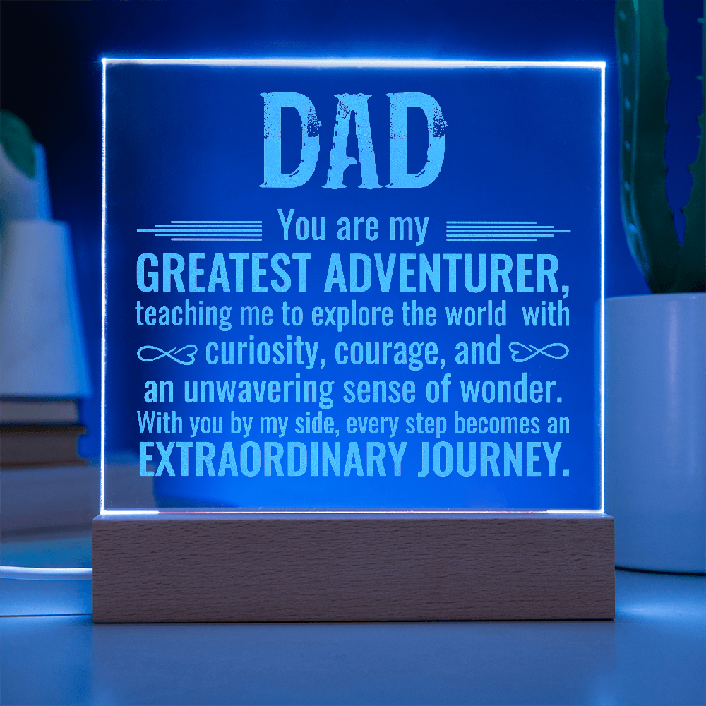 To Dad Engraved Acrylic Square Plaque- a Gift for a Father/Dad.  Wood LED Base with Cord