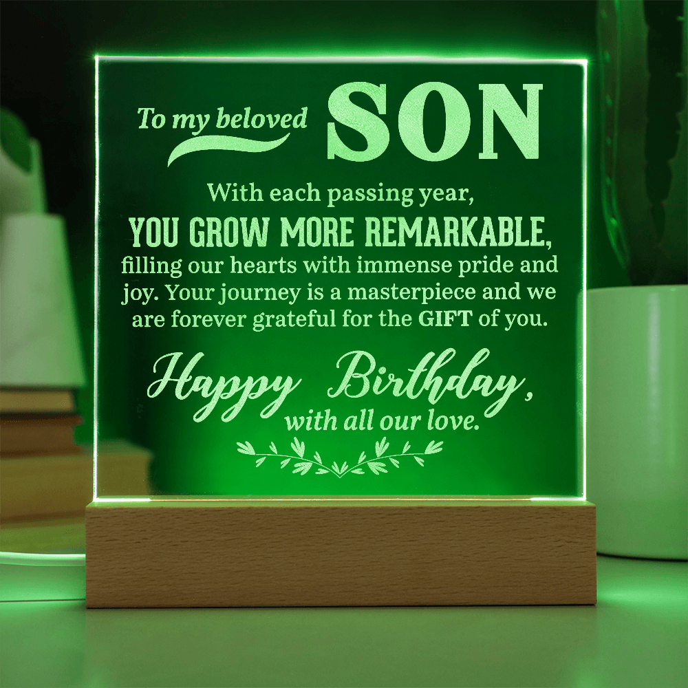 To a Beloved Son Happy Birthday Engraved Acrylic Square Plaque- a Gift for a Beloved Son