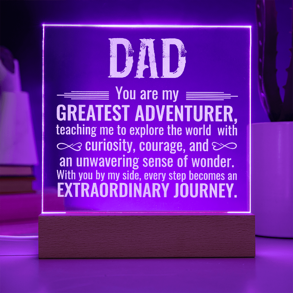 To Dad Engraved Acrylic Square Plaque- a Gift for a Father/Dad.  Wood LED Base with Cord