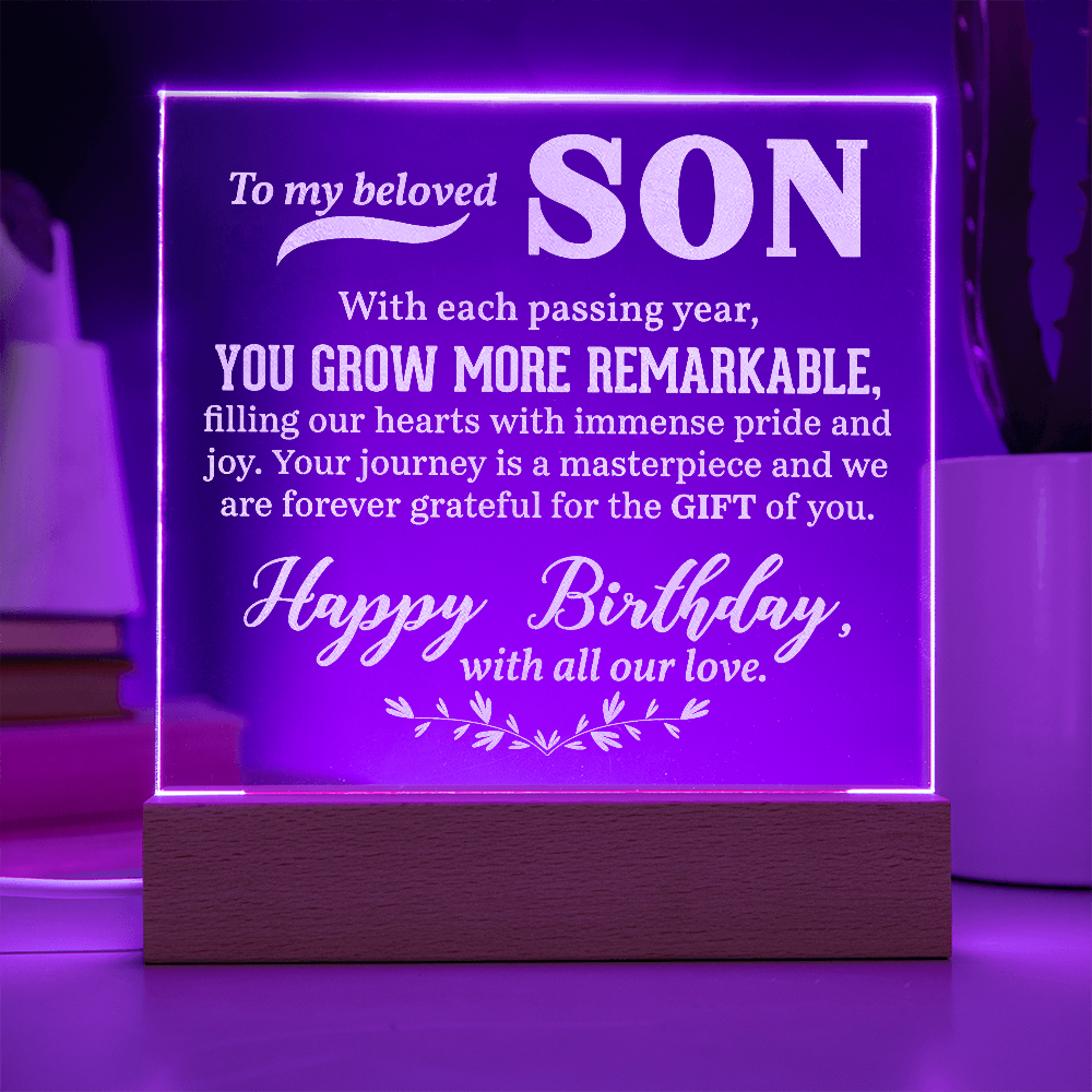To a Beloved Son Happy Birthday Engraved Acrylic Square Plaque- a Gift for a Beloved Son