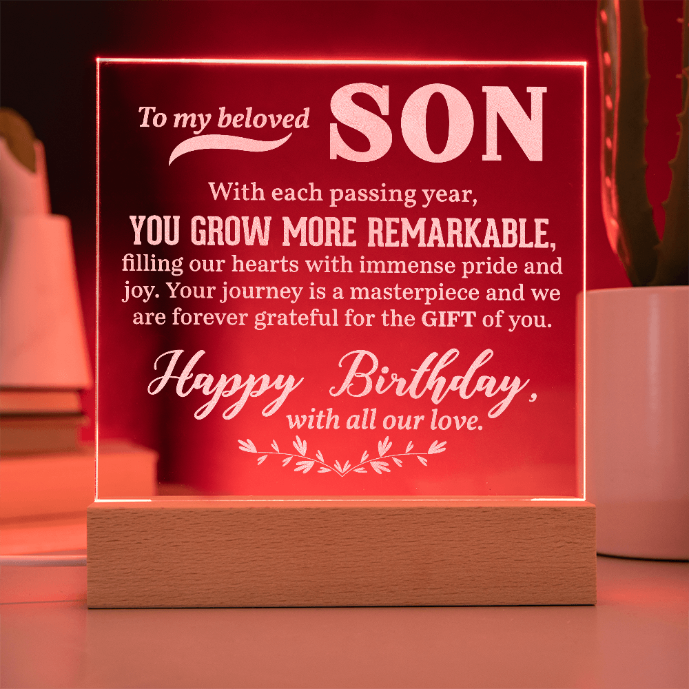 To a Beloved Son Happy Birthday Engraved Acrylic Square Plaque- a Gift for a Beloved Son