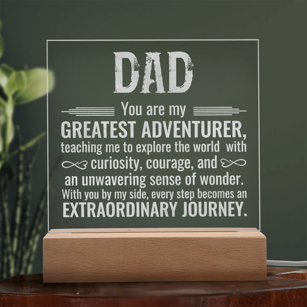 To Dad Engraved Acrylic Square Plaque- a Gift for a Father/Dad.  Wood LED Base with Cord