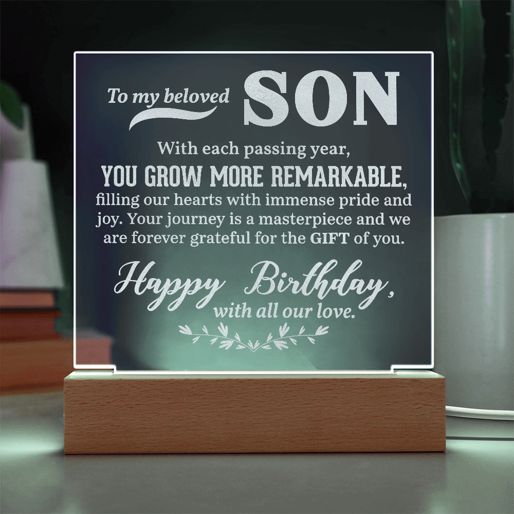 To a Beloved Son Happy Birthday Engraved Acrylic Square Plaque- a Gift for a Beloved Son