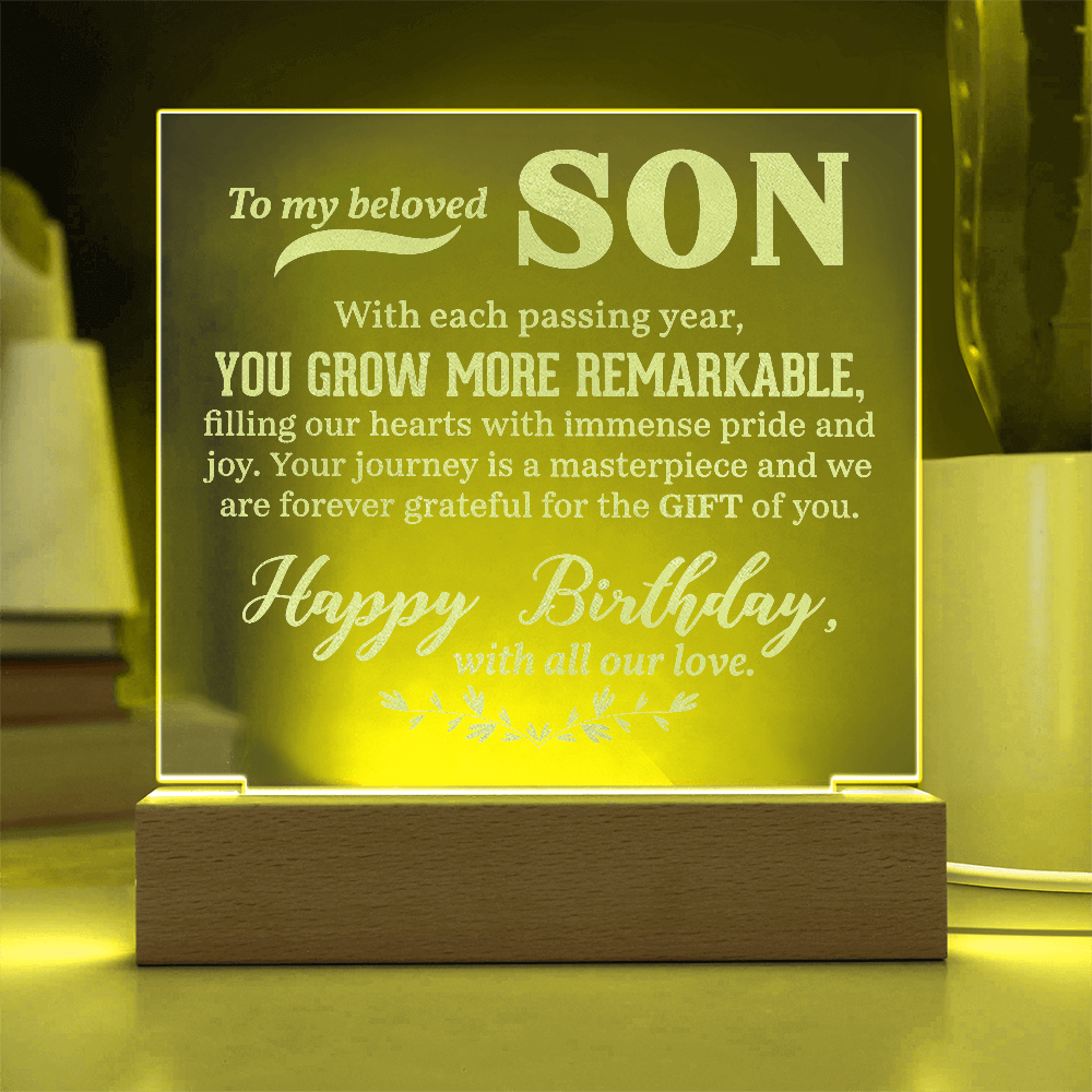 To a Beloved Son Happy Birthday Engraved Acrylic Square Plaque- a Gift for a Beloved Son