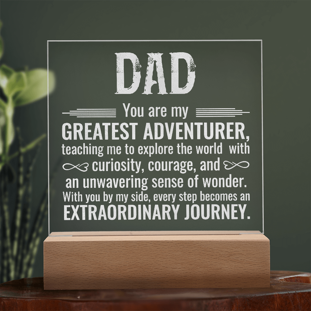 To Dad Engraved Acrylic Square Plaque- a Gift for a Father/Dad.  Wood LED Base with Cord