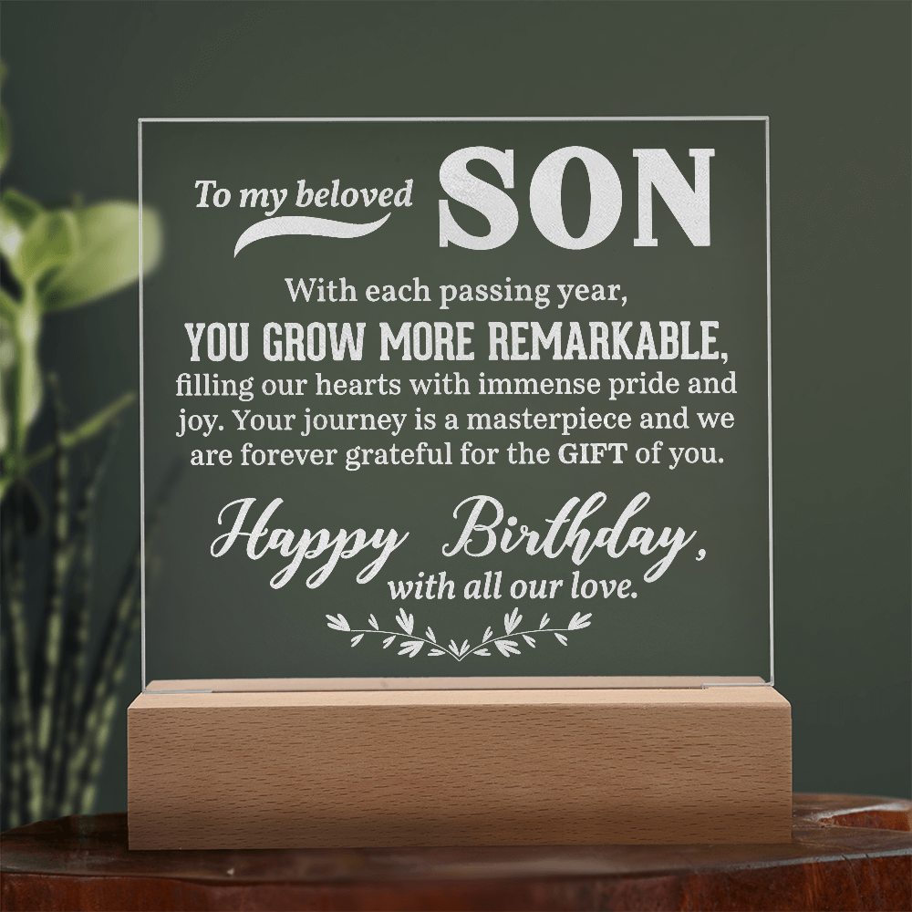 To a Beloved Son Happy Birthday Engraved Acrylic Square Plaque- a Gift for a Beloved Son