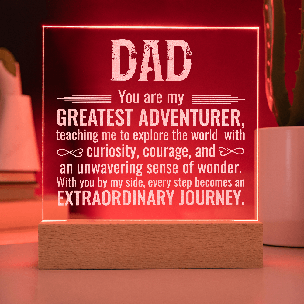 To Dad Engraved Acrylic Square Plaque- a Gift for a Father/Dad.  Wood LED Base with Cord