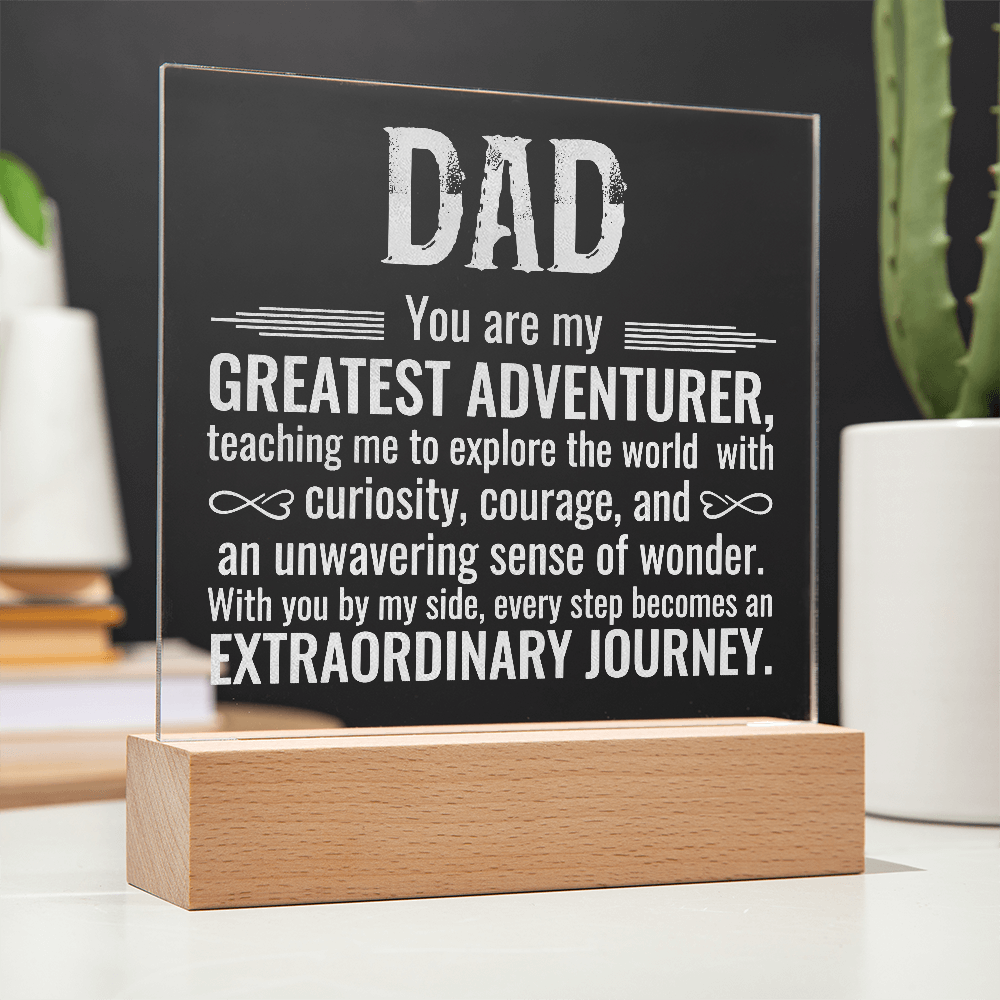 To Dad Engraved Acrylic Square Plaque- a Gift for a Father/Dad.  Wood LED Base with Cord