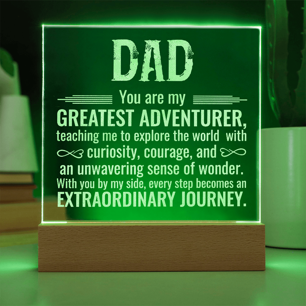 To Dad Engraved Acrylic Square Plaque- a Gift for a Father/Dad.  Wood LED Base with Cord