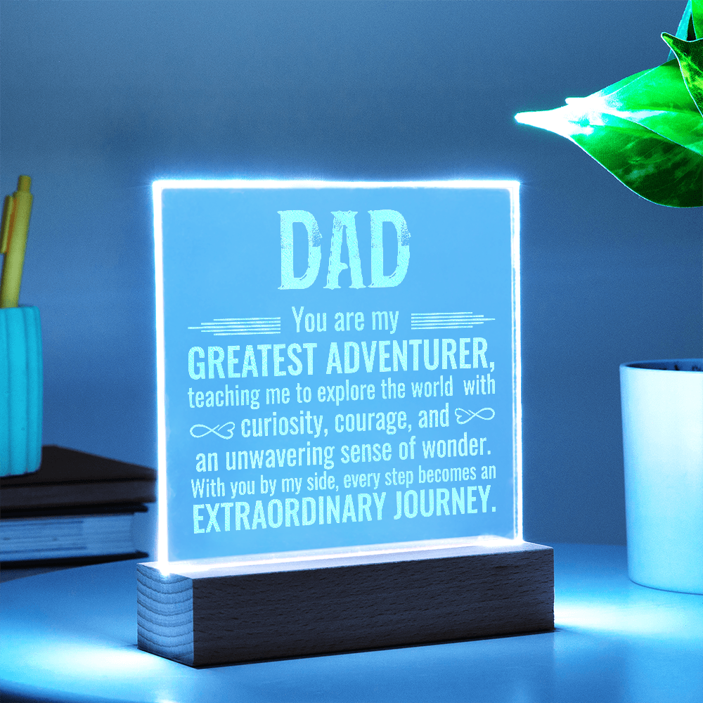 To Dad Engraved Acrylic Square Plaque- a Gift for a Father/Dad.  Wood LED Base with Cord