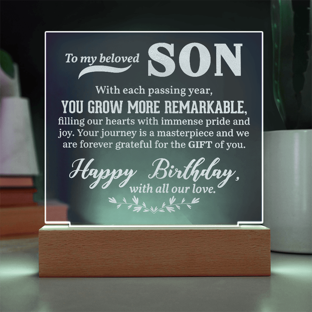 To a Beloved Son Happy Birthday Engraved Acrylic Square Plaque- a Gift for a Beloved Son
