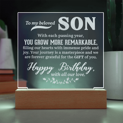 To a Beloved Son Happy Birthday Engraved Acrylic Square Plaque- a Gift for a Beloved Son