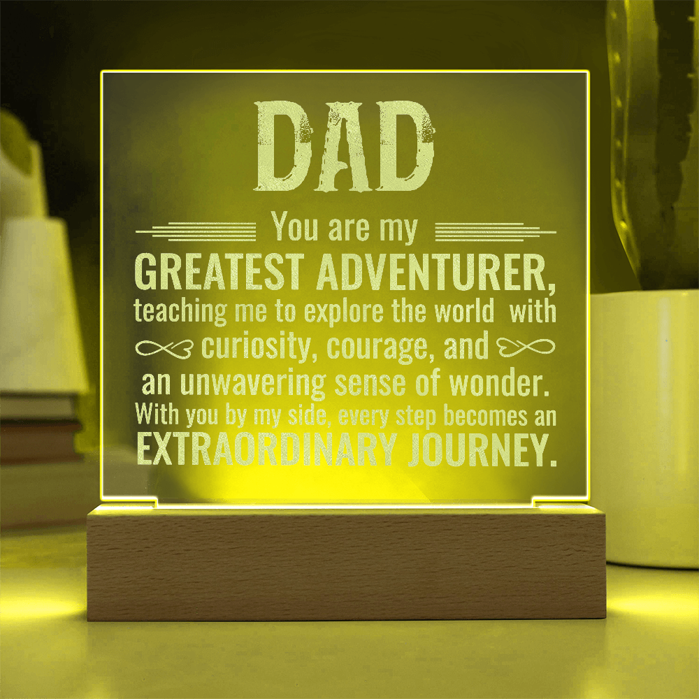To Dad Engraved Acrylic Square Plaque- a Gift for a Father/Dad.  Wood LED Base with Cord