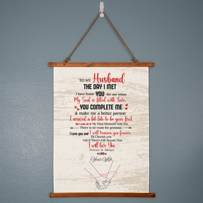 “The Day I Met You” Romantic Husband Wood Framed Wall Tapestry Gift Scroll- A Gift for a Husband.