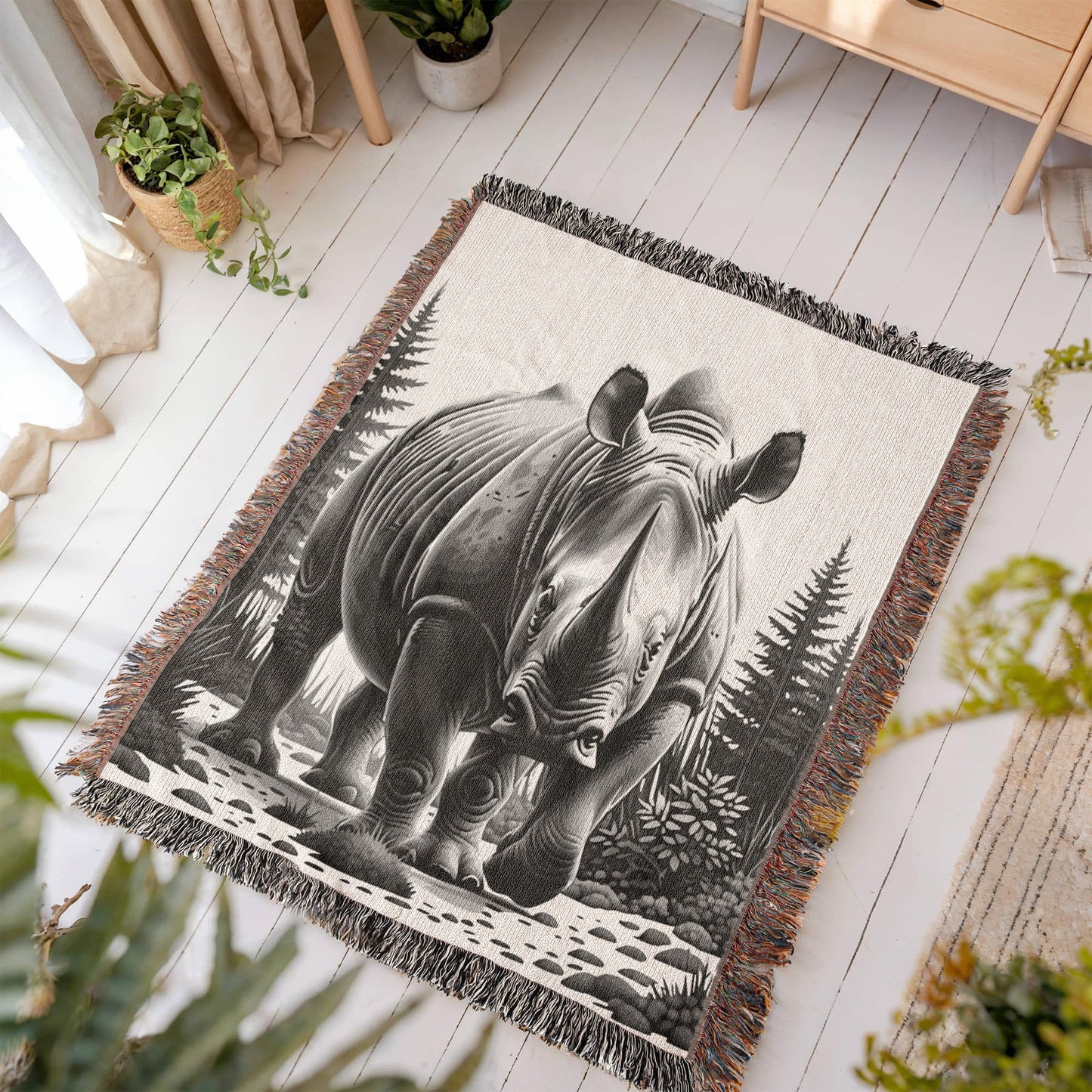 Rhino Illustration Woven Blanket- Gift for Mothers/Fathers/Daughters/Sons.