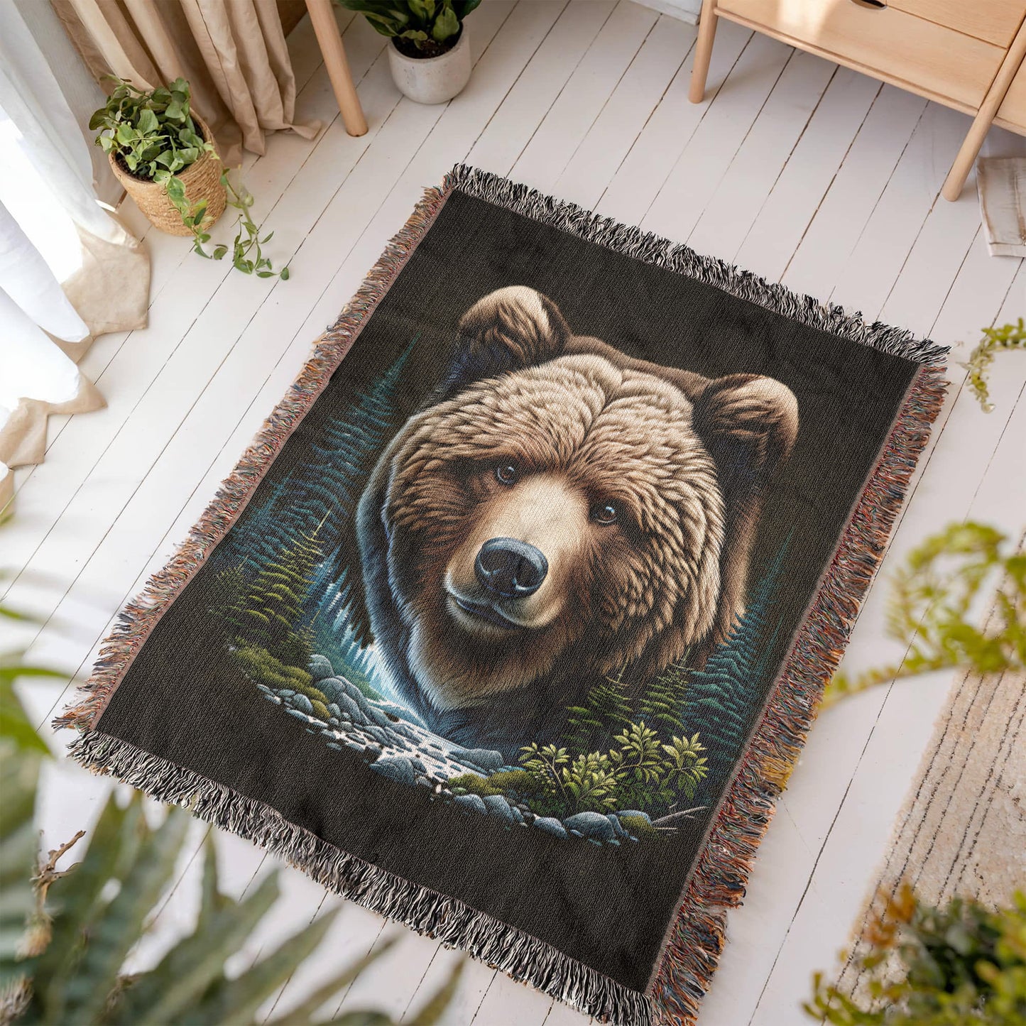 A Bear Illustration Heirloom Woven Blanket.