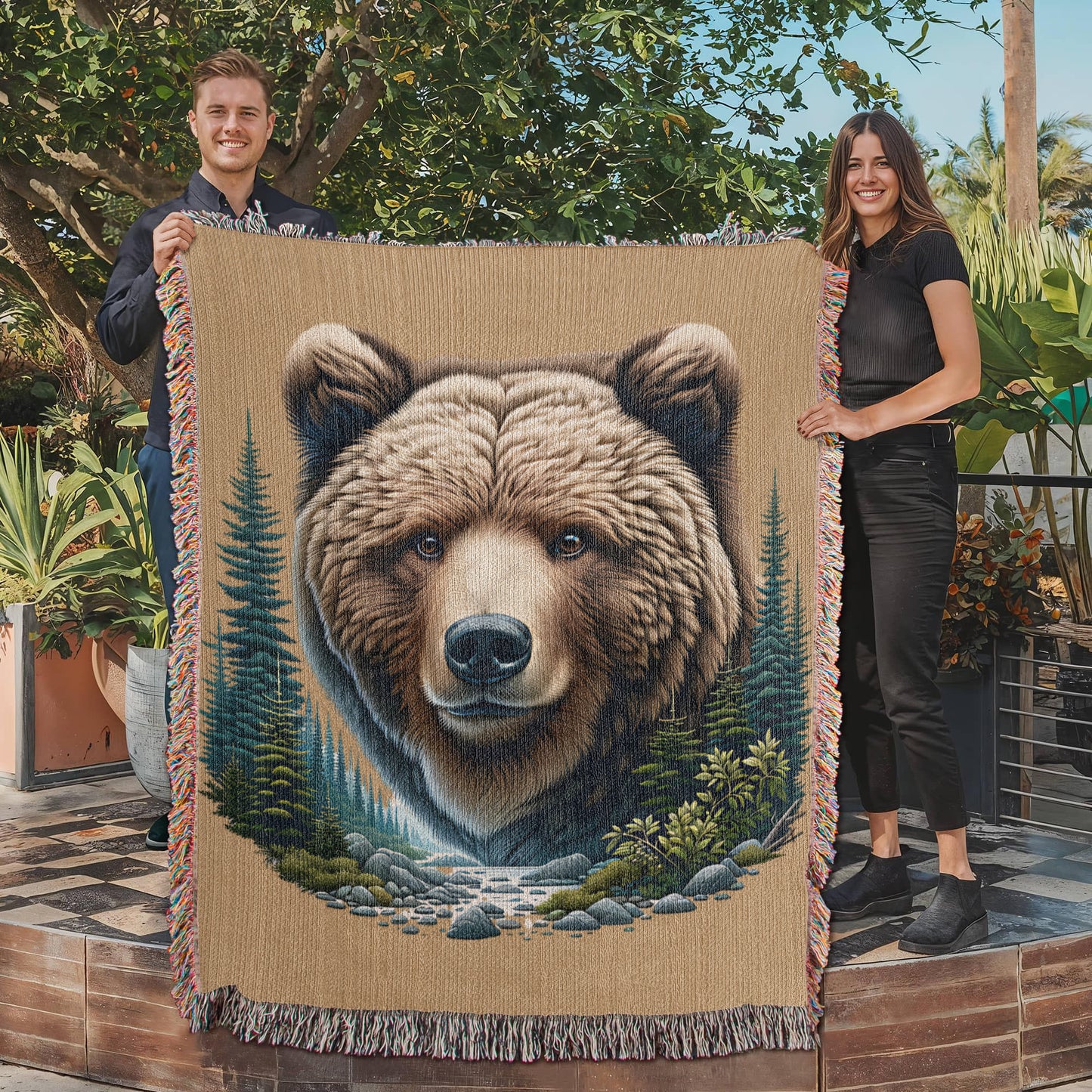A Bear Illustration Heirloom Woven Blanket- Gift for Sons/Husbands.