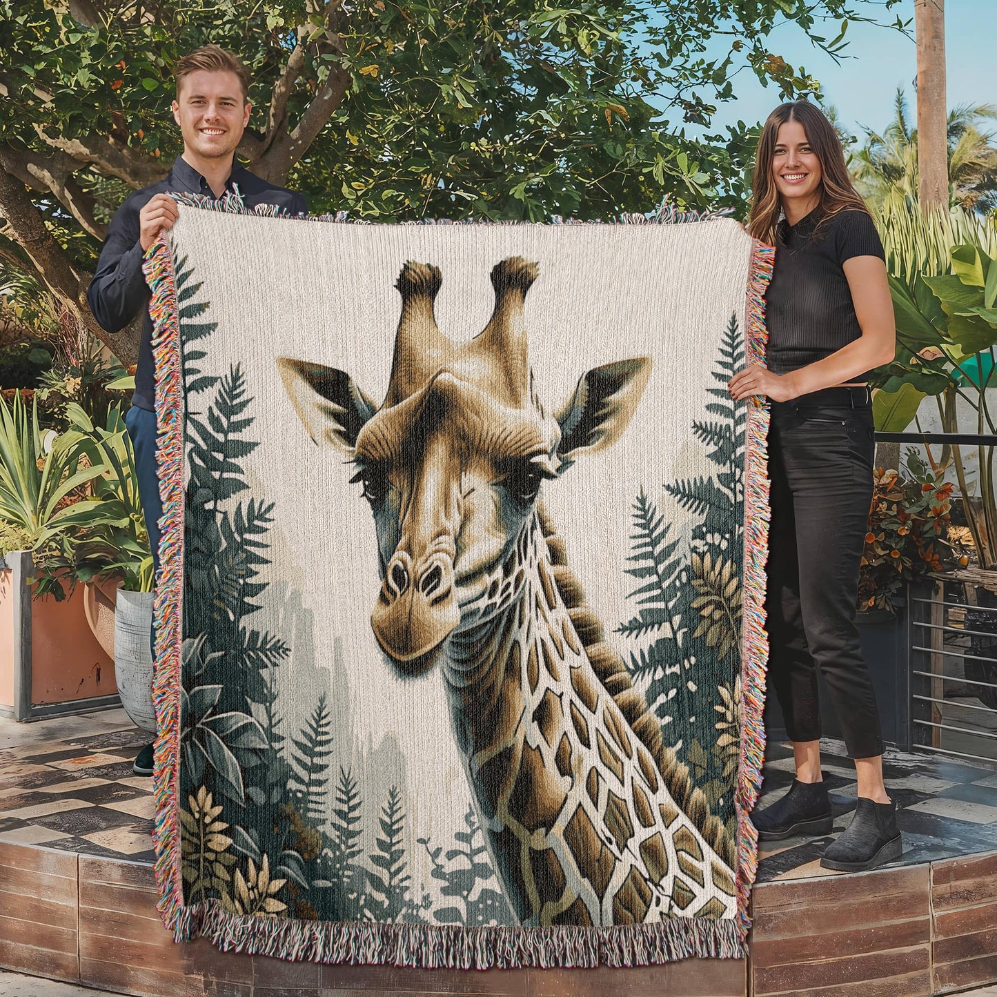 Giraffe Illustration Heirloom Woven Blanket- Gift for Mothers/Fathers/Daughters.