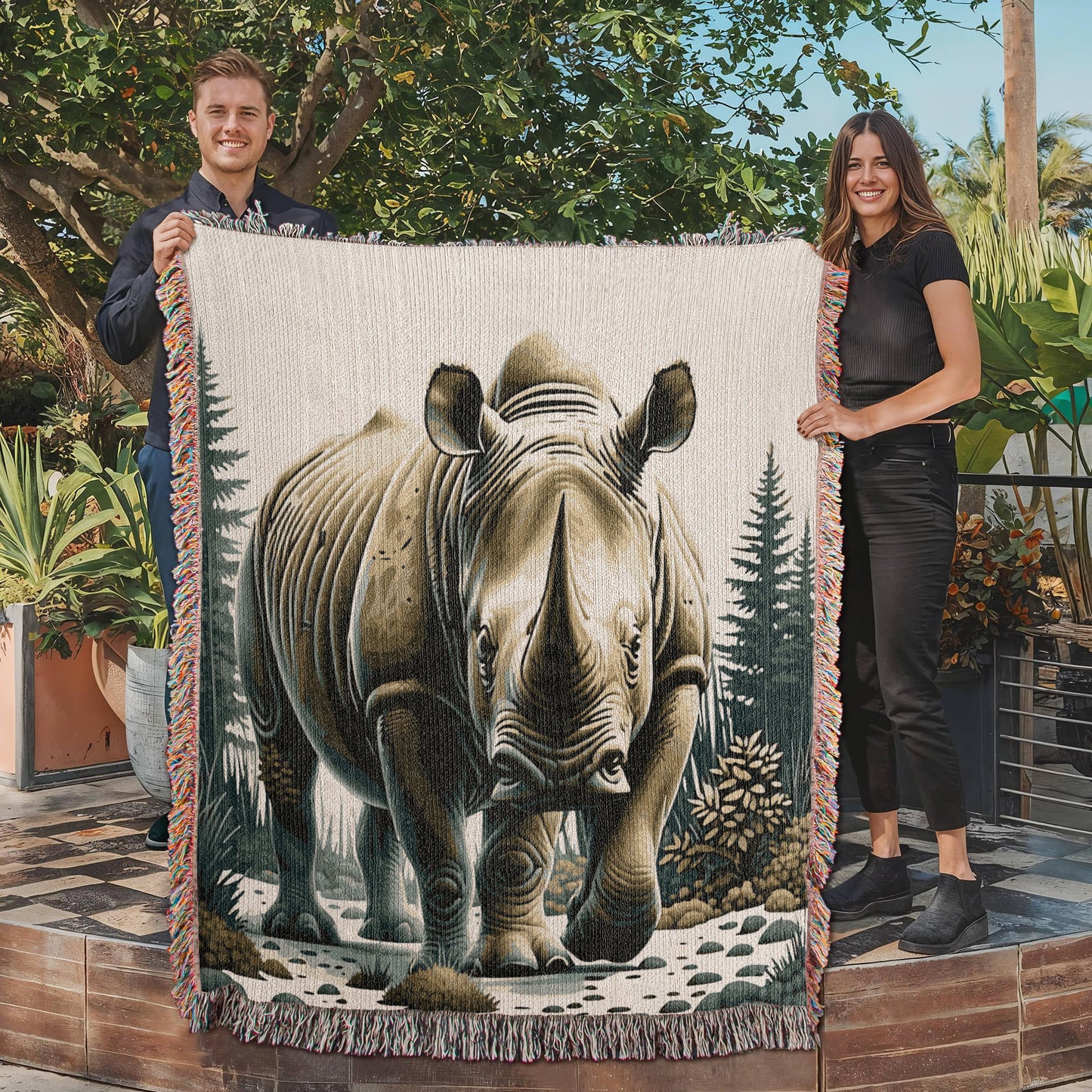 Rhino Illustration Woven Blanket- Gift for Mothers/Fathers/Daughters/Sons.